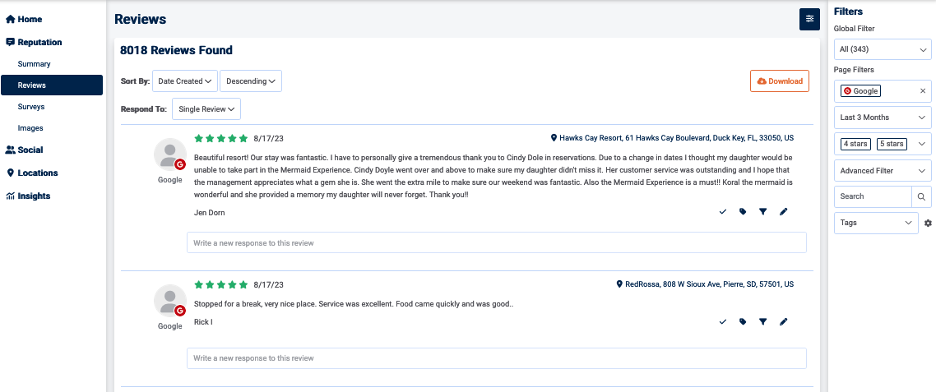 Reputation Reviews page