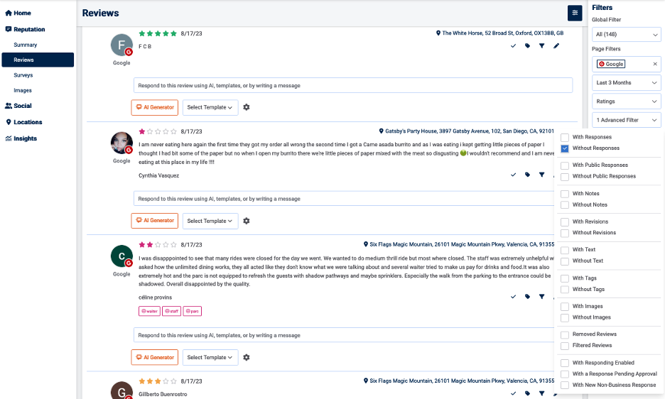 Reviews filtered without responses for the last three months on Google